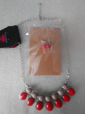 Red and Gray Bib Necklace with Matching Earrings